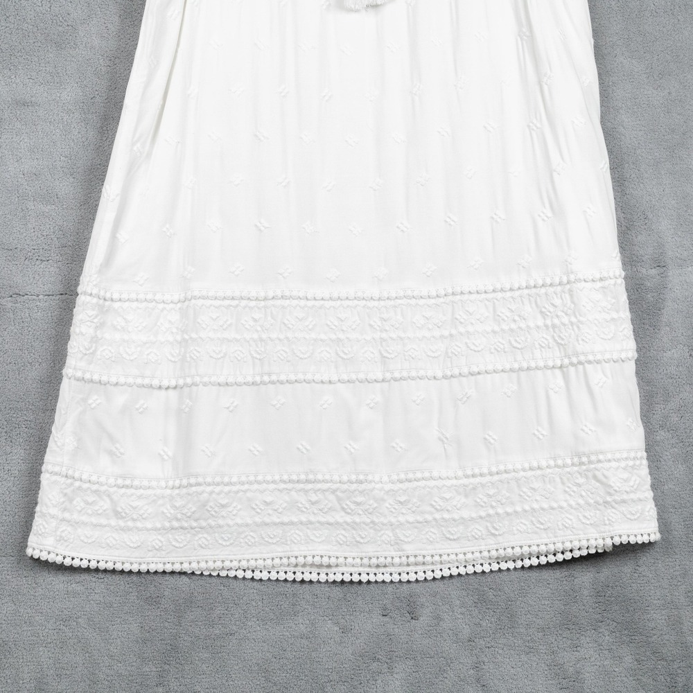 J JILL Embroidered Tassel Trim Boho Midi Skirt Coastal Beachy White Sz L - Picture 4 of 8